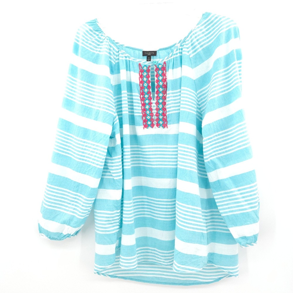 Talbots Blouse Womens 1X Blue Striped Beaded Split Neck Cotton Peasant Top